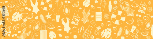 Summer banner with hand drawn swimsuits, sunglasses, fruits, tropical leaves and other summer icons. Vector illustration in warm colors