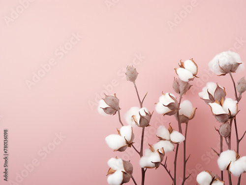 Pink backdrop features cotton flower buds and eucalyptus leaves