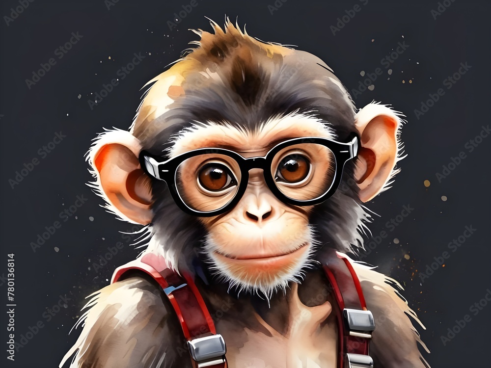 cute watercolor nerd monkey wild animal wearing glasses cartoon painting