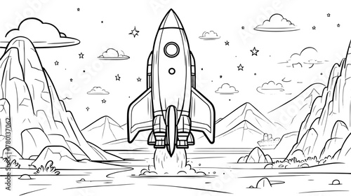 Rocket Taking Off in a Black and White Drawing, Theme coloring page activity for kids and adults