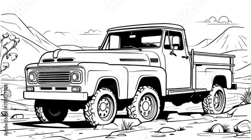 Truck Driving Through Desert With Mountains in Background, Theme coloring page activity for kids and adults