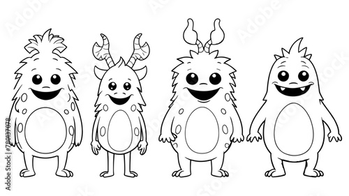 Three Cartoon Monsters Standing Together, Theme coloring page activity for kids and adults