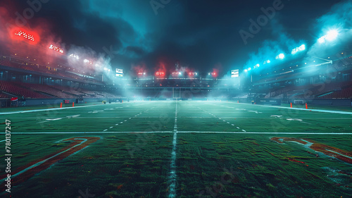 a football stadium at night with beamlights on a huge green field,generative ai photo