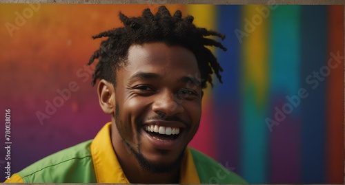 young jamaican man on plain bright colorful background laughing hysterically looking at camera background banner template ad marketing concept from Generative AI photo