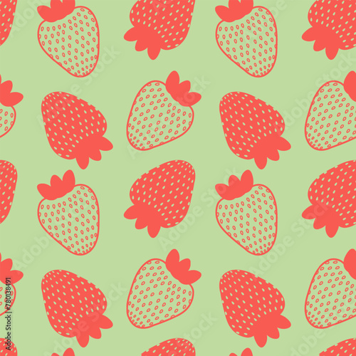 Seamless pattern with hand drawn strawberries. Modern design for print, wrapping paper, textile, fabric, wallpaper, texture. Vector illustration in pink and mint colors