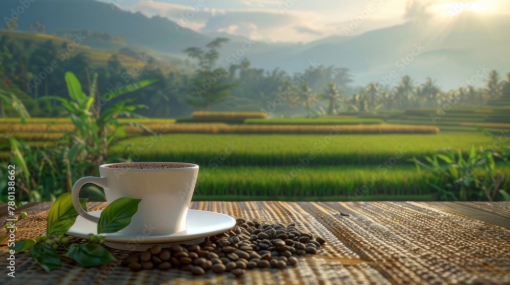 A photograph art with the object of a cup of coffee in the morning with coffee beans and rice fields as the background. A photograph art with the object of a cup of coffee in the morning with coffee beans and rice fields as the background.