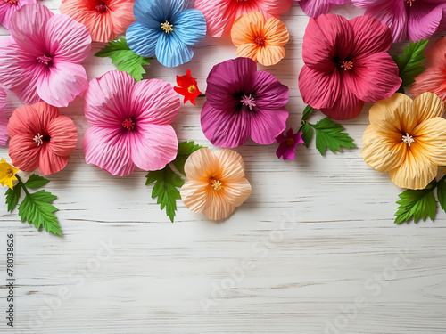 Crepe paper flowers arranged on a white wooden surface