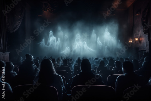 Audience gripped by a ghostly performance on stage, a chilling theatrical experience photo