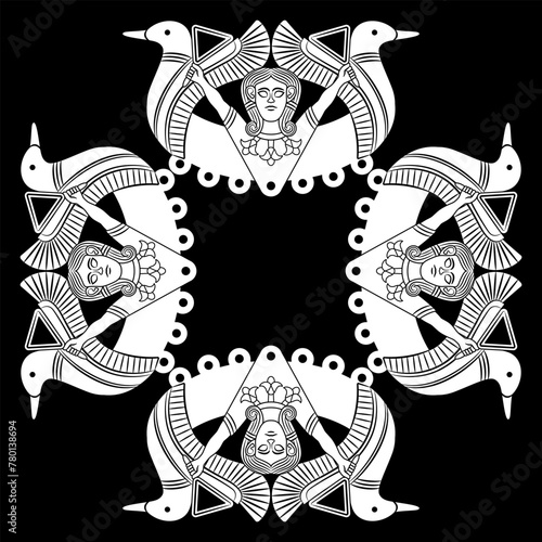 Square ethnic ornament or frame with  Near Eastern goddess Astarte. Black and white silhouette.