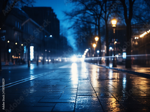Street at night captured in defocused imagery, emanating a blue ambiance