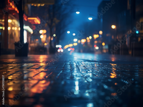 Defocused image capturing the ambiance of a night street in blue tones