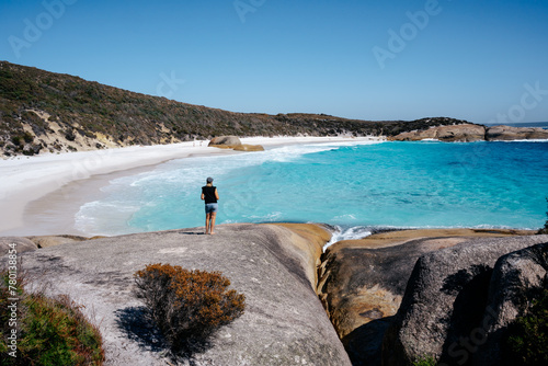 Woman tourist at Little Beach in Two People’s Bay in Western Australia