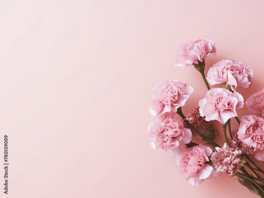 Top-down view of dry pink carnation flowers arranged on a pink surface with copy space