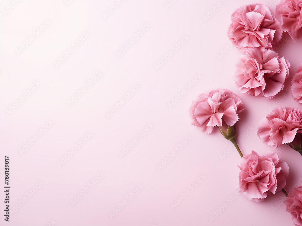 Flat lay composition featuring dry pink carnation flowers on a pink backdrop