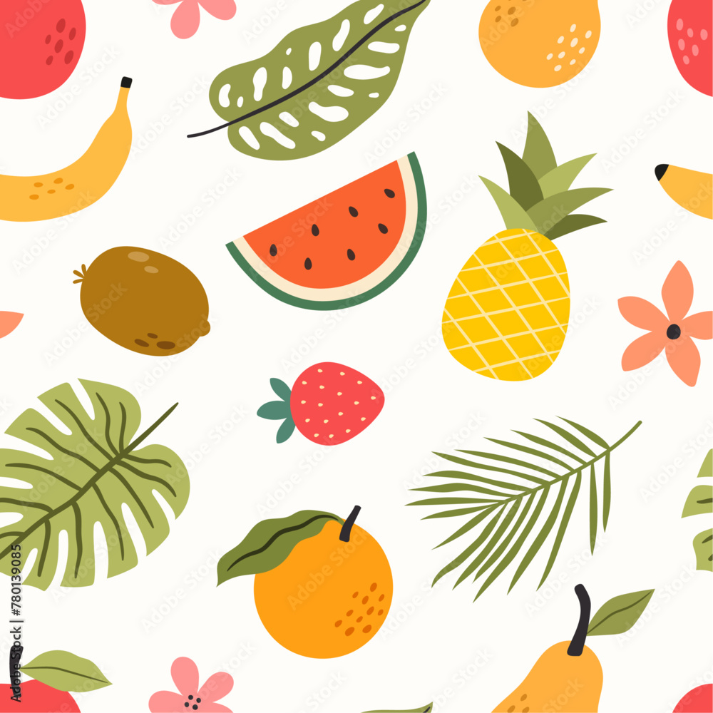 Seamless summer pattern with fruits and tropical leaves Seamless summer pattern with fruits and tropical leaves