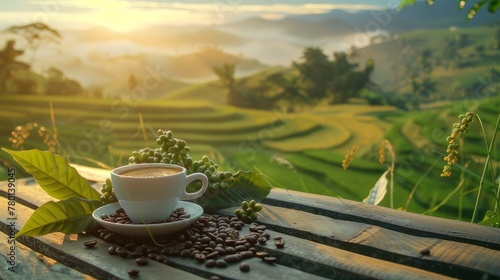 A cup of coffee in the middle of a rice field in Southeast Asia. A cup of coffee next to a rice field in Southeast Asia. Coffee in a rice field hut.