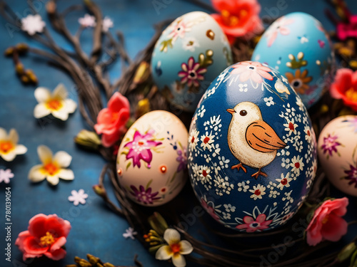 Easter egg adorned with floral and chick ornaments rests on rustic background amidst flowers