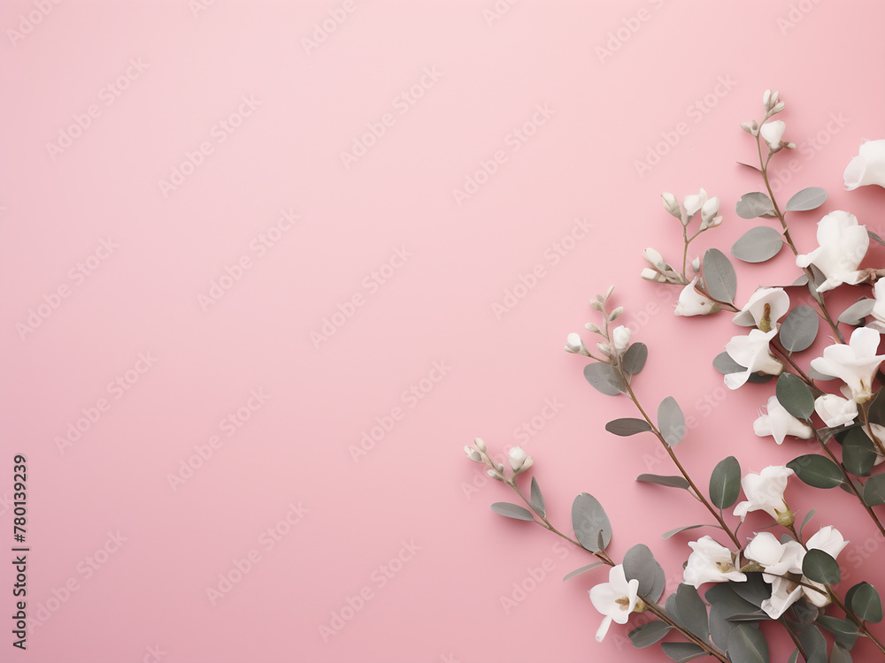 Eucalyptus branches and white freesia flowers adorn a pink background, flat lay style