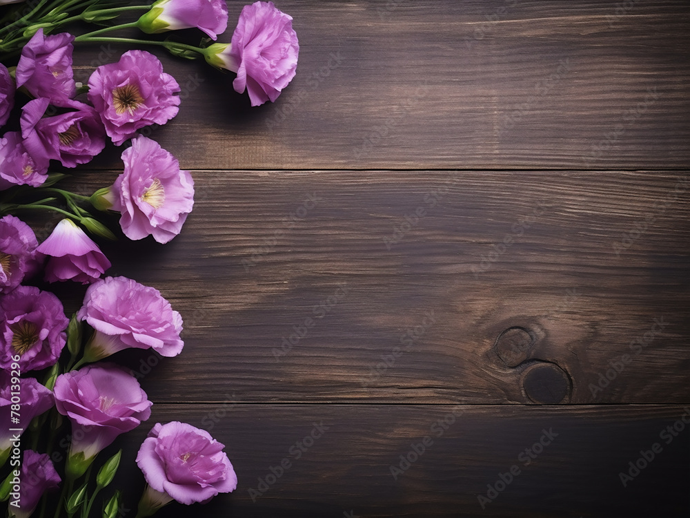 Eustoma flowers add elegance to the old wooden background, leaving room for text Eustoma flowers add elegance to the old wooden background, leaving room for text