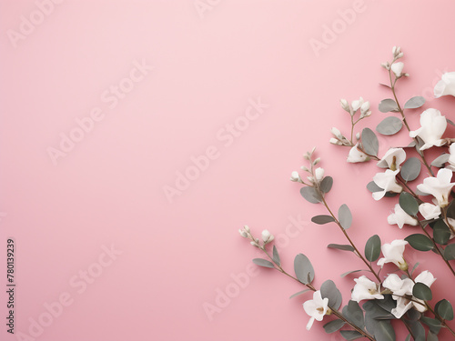 Eucalyptus branches and white freesia flowers adorn a pink background, flat lay style © Llama-World-studio