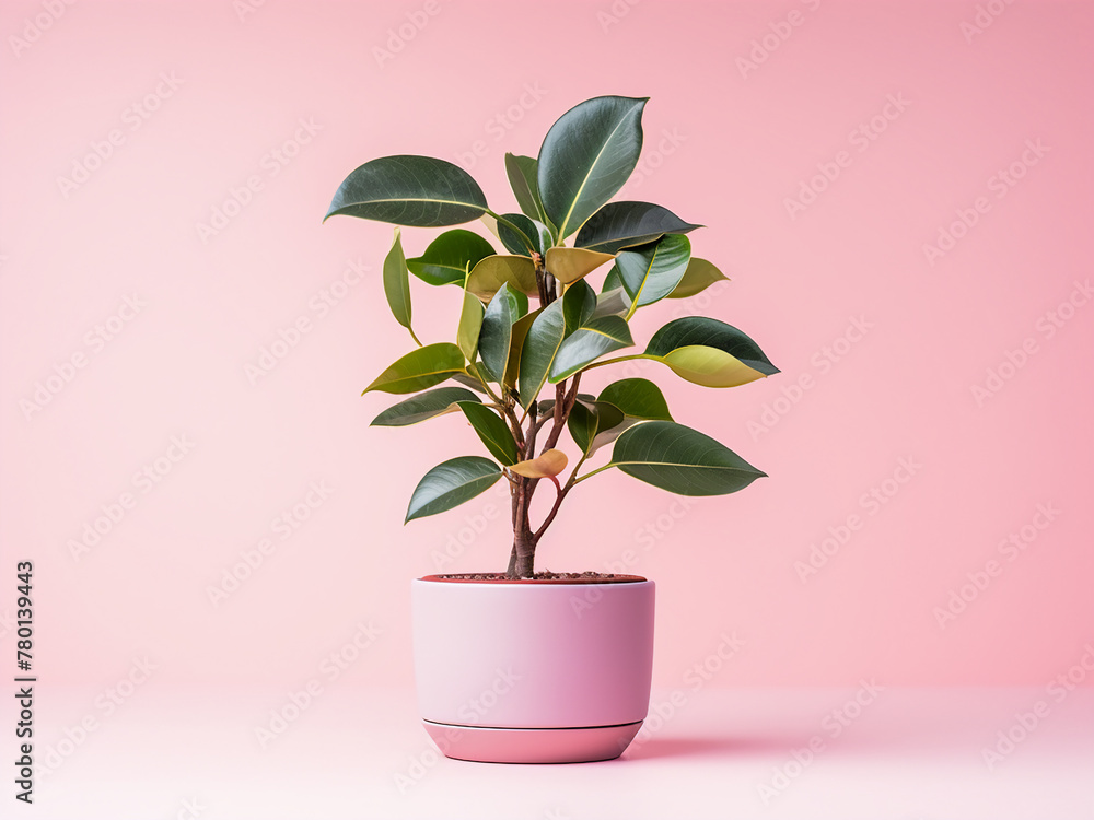 Obraz premium Copy space is available on a pink background adorned with ficus leaves in a pot