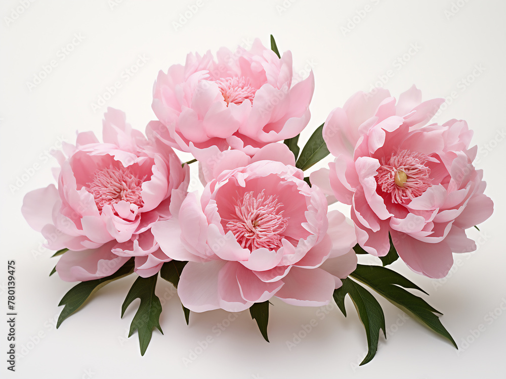 Five romantic peony flowers with delicate pink petals showcased on white background