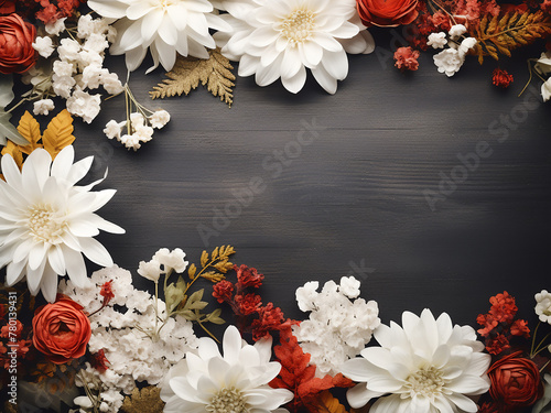 Festive floral display on white wooden background seen from overhead photo