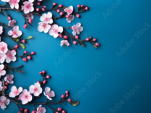 Illustration of fresh spring flowers on a pastel blue background, AI-created © Llama-World-studio