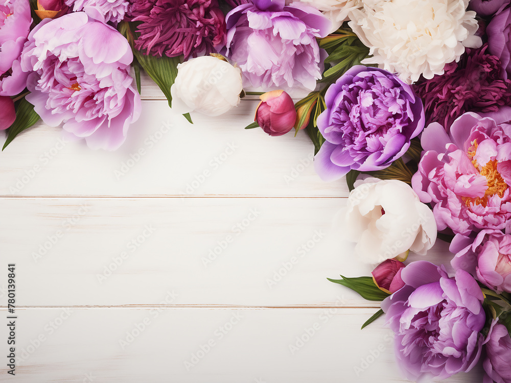 A floral frame with pink, purple, and white peonies adorns an old white wooden background