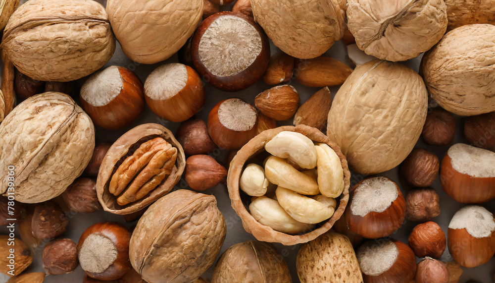 Different nuts on whole background, top view Different nuts on whole background, top view