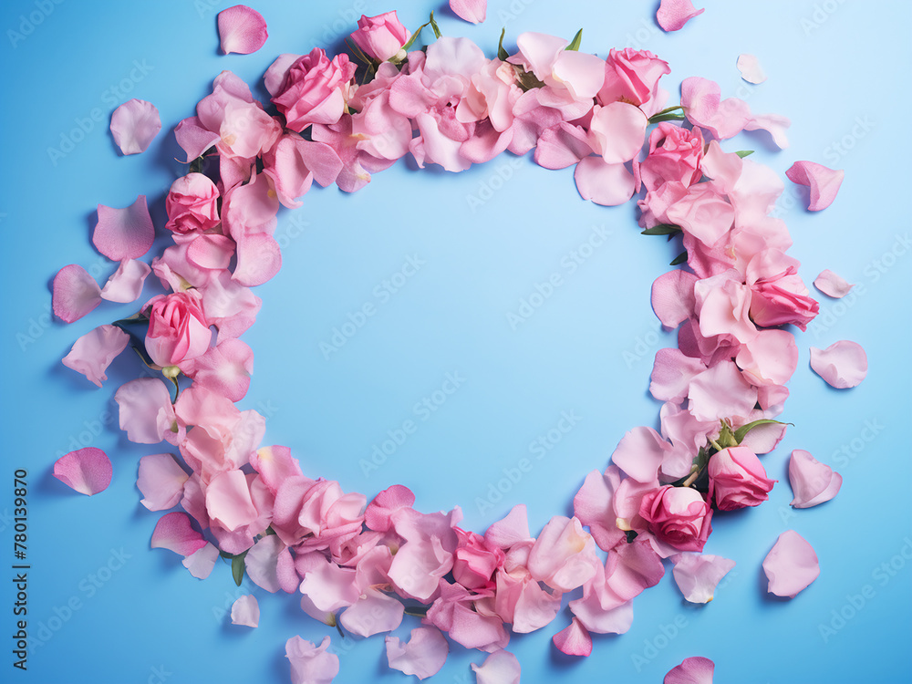 Delicate pink roses compose a charming frame on a blue surface