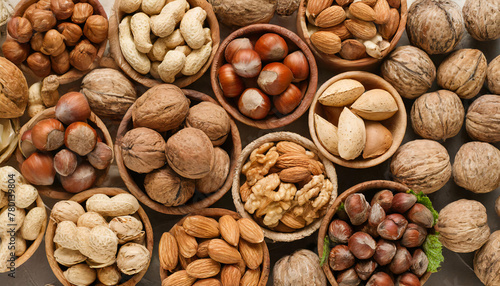 Different nuts on whole background, top view photo