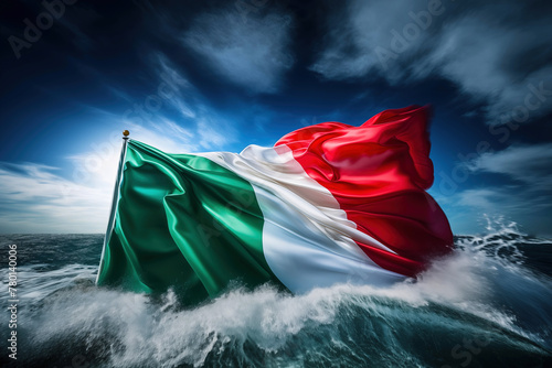 The Italian flag flutters powerfully against a dramatic ocean and sky backdrop