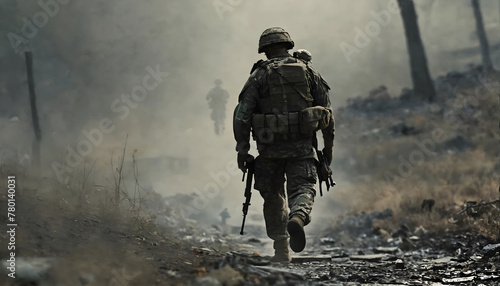 Soldier alone exhausted and injured walking photo