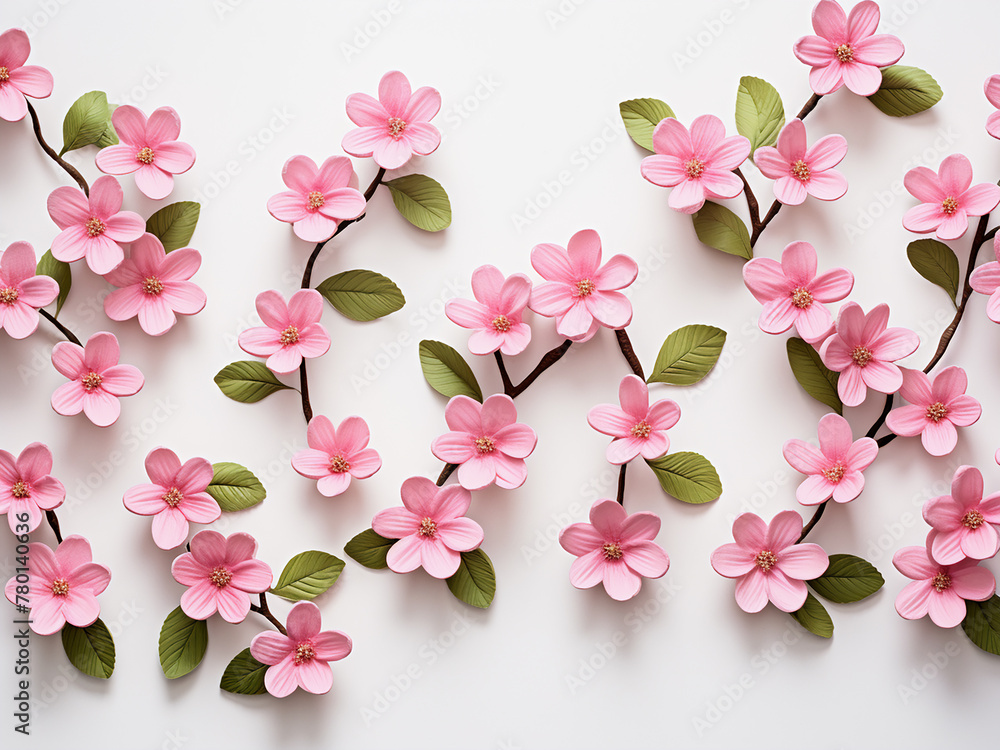 Pink blooms and verdant leaves create a floral masterpiece on white Pink blooms and verdant leaves create a floral masterpiece on white