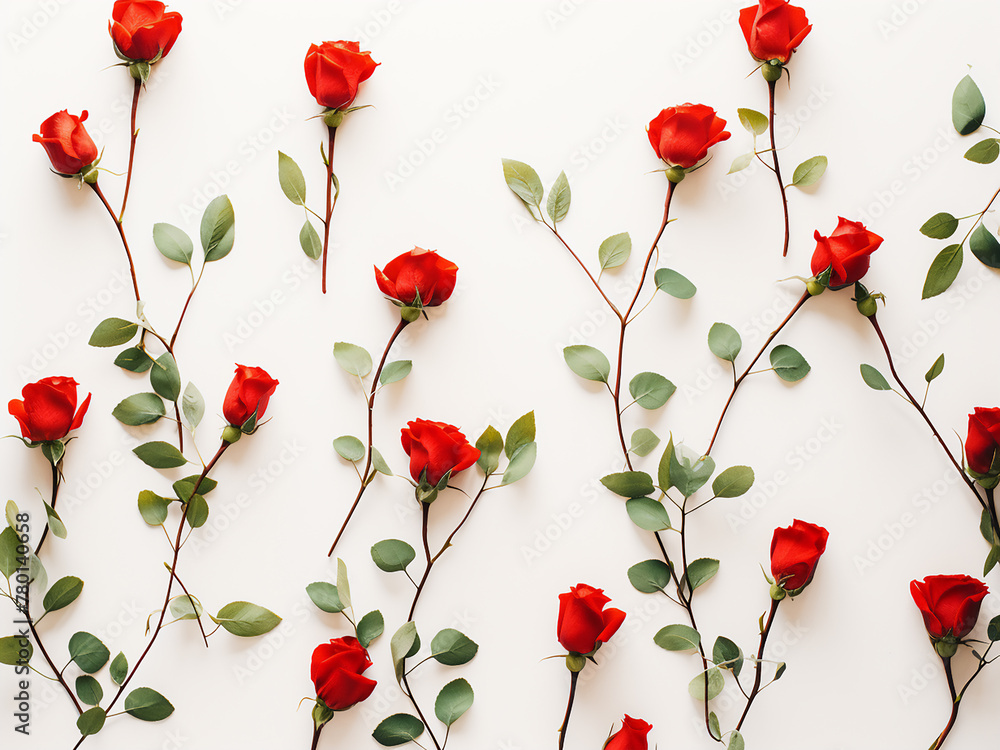 Delicate red rosebuds entwined with eucalyptus branches on white - obrazy, fototapety, plakaty 