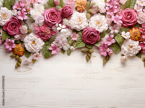 Floral elements create a pattern on a white wooden background © Llama-World-studio