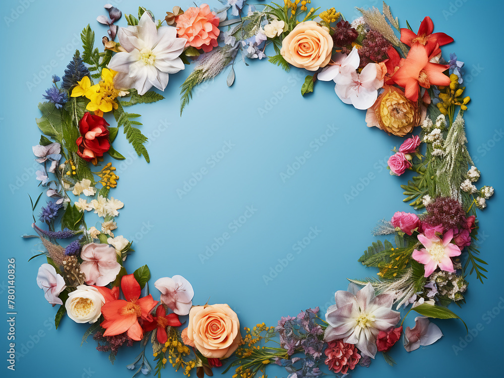 Top view displays a floral frame arrangement against a blue background
