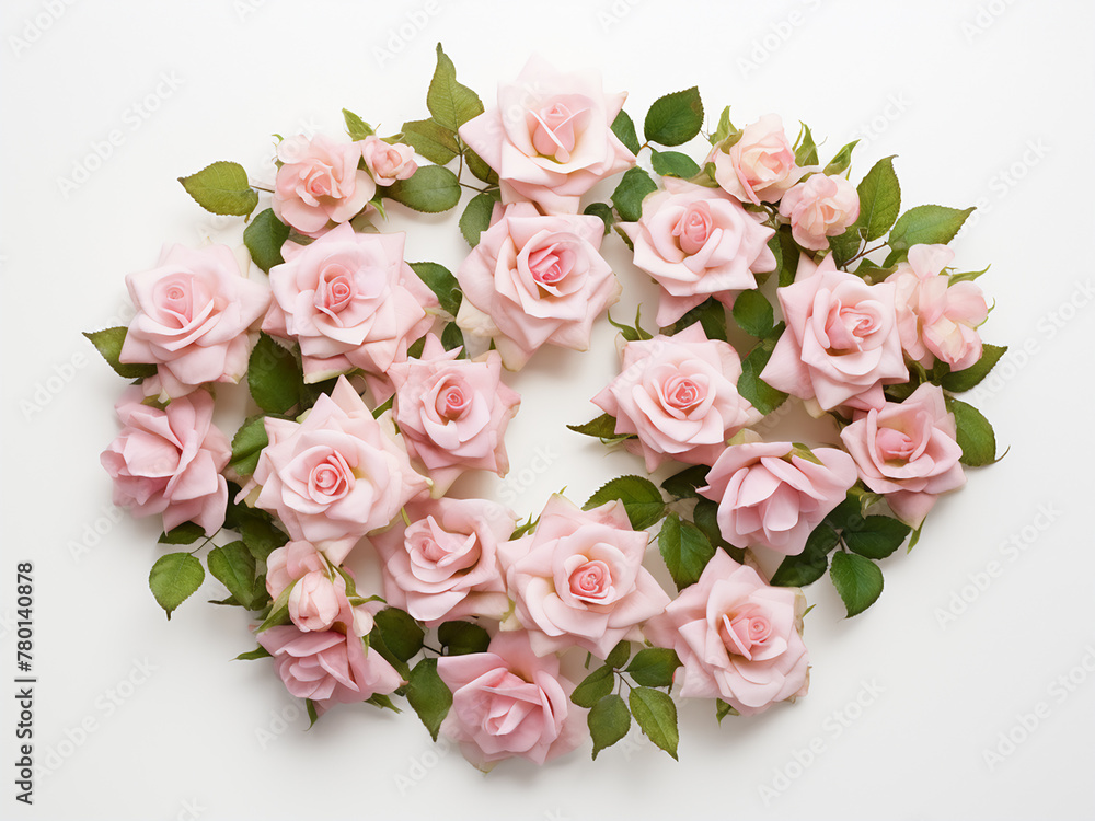 Pink and beige roses lay flat on a white surface, composing a floral pattern viewed from the top Pink and beige roses lay flat on a white surface, composing a floral pattern viewed from the top