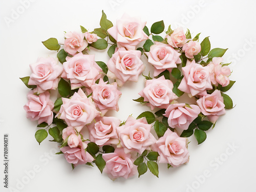 Pink and beige roses lay flat on a white surface  composing a floral pattern viewed from the top