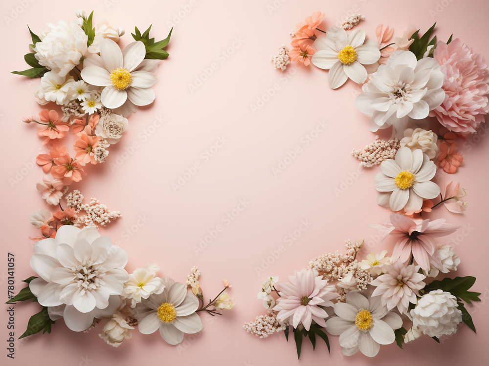 Colorful flowers arranged to form a frame offer space for text in a flat lay composition