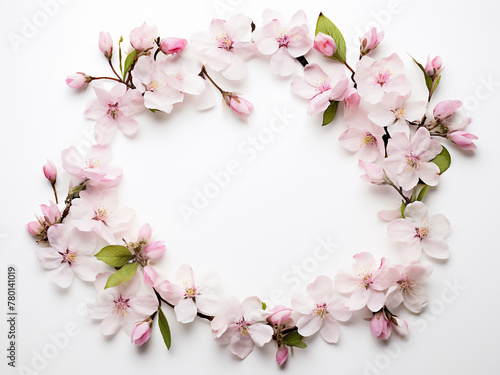 Colorful flowers create a frame on a white background in a flat lay view  providing space for text