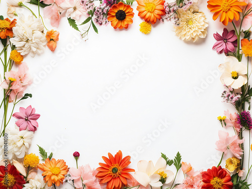 Against a white background, a flat lay view presents a frame composed of colorful flowers