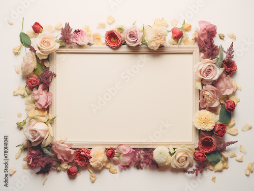 A top-down view showcases a frame of vibrant flowers on a white backdrop