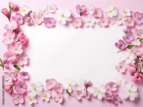 Colorful flowers arranged in a frame offer text space in a flat lay setup on a white background © Llama-World-studio