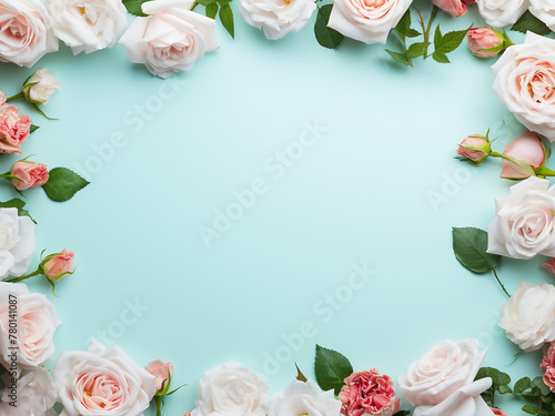Colorful flowers arranged in a frame shape decorate a flat lay white background