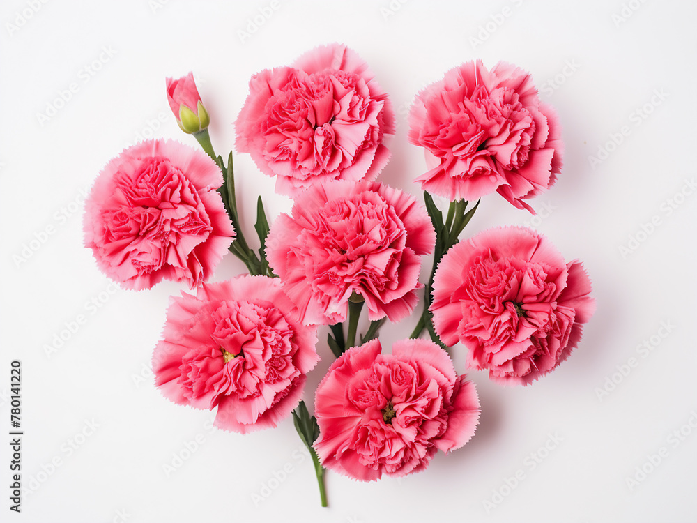 Pink and red carnations grace a white background in a flat lay setup, providing copy space Pink and red carnations grace a white background in a flat lay setup, providing copy space
