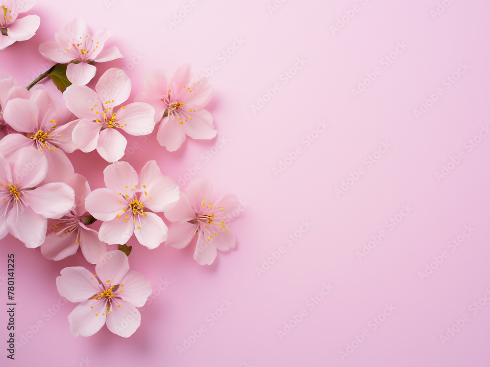 Flat lay showcases pink flowers on pastel pink, ideal for product presentation mockups