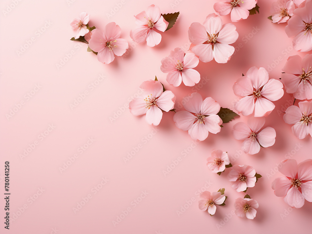 A mockup template for product presentation features pink flowers on pastel pink, top-view