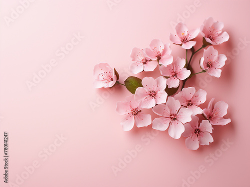 Pink flowers on a pastel pink background provide copy space in a top-view flat lay template